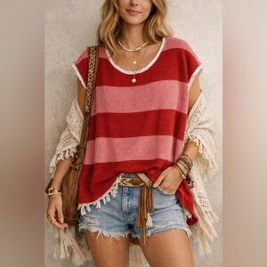Free People Pink and Red striped Knit Boho Sweater Oversized  S/P NWOT